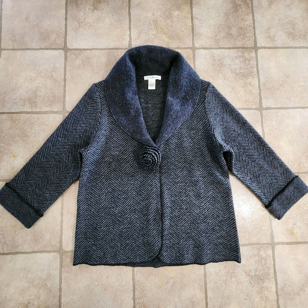 Susan Bristol 100% Wool Cardigan Sweater Jacket Sz. L Knit 3/4 sleeve grannycore